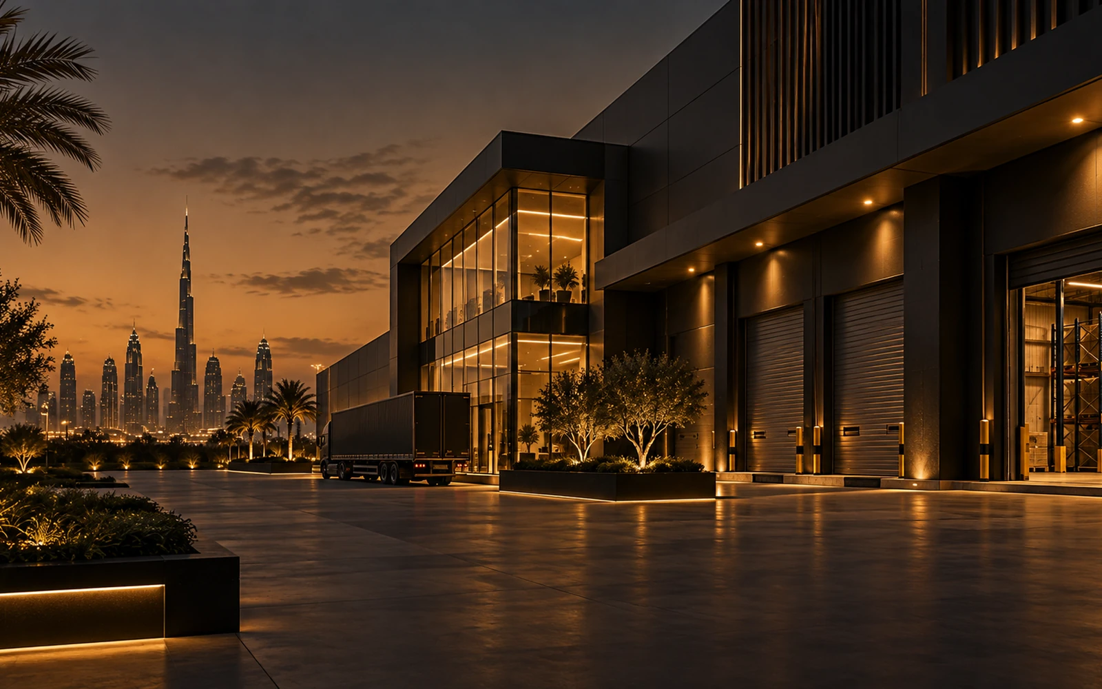 A Dubai commercial and logistics business premises at dusk