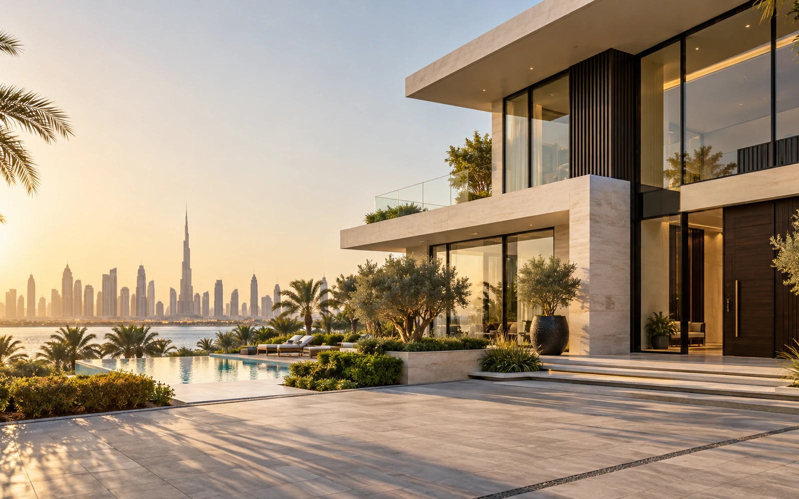 A modern Dubai villa home at golden hour