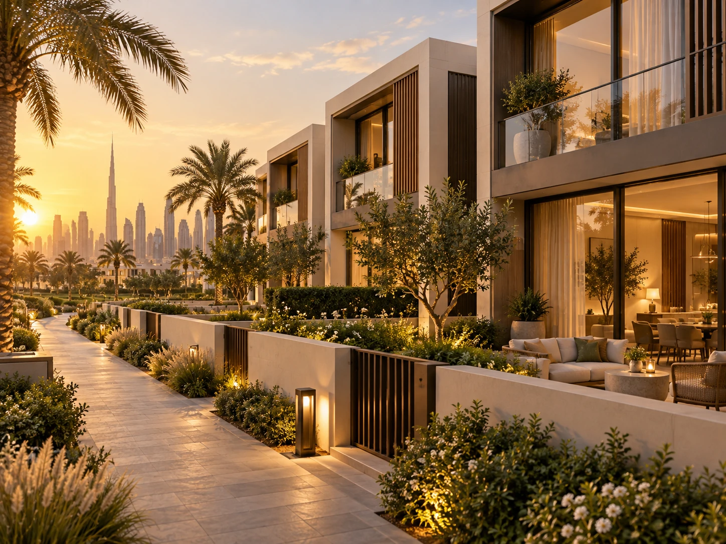 A contemporary Dubai townhouse community — landscaped streetscape at golden hour